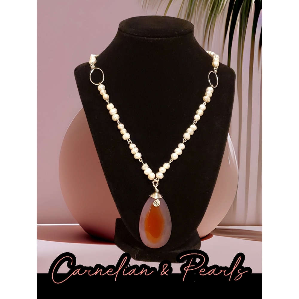 Freshwater Pearl necklace with Carnelian Gemstone | Sterling Silver Wrap
